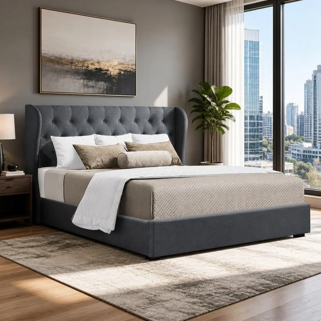 Upholstered Bed Frame Charcoal Queen Size Gas Lift Storage with Tufted Headboard