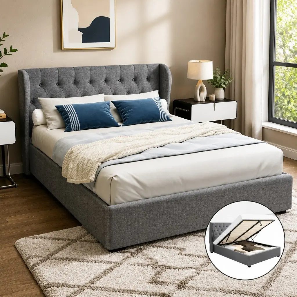 Queen Size Gas Lift Bed Frame with Storage Grey Upholstered Padded Headboard