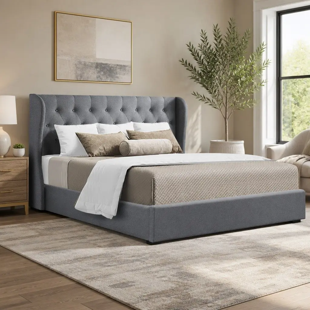 Queen Size Gas Lift Bed Frame with Storage Grey Upholstered Padded Headboard