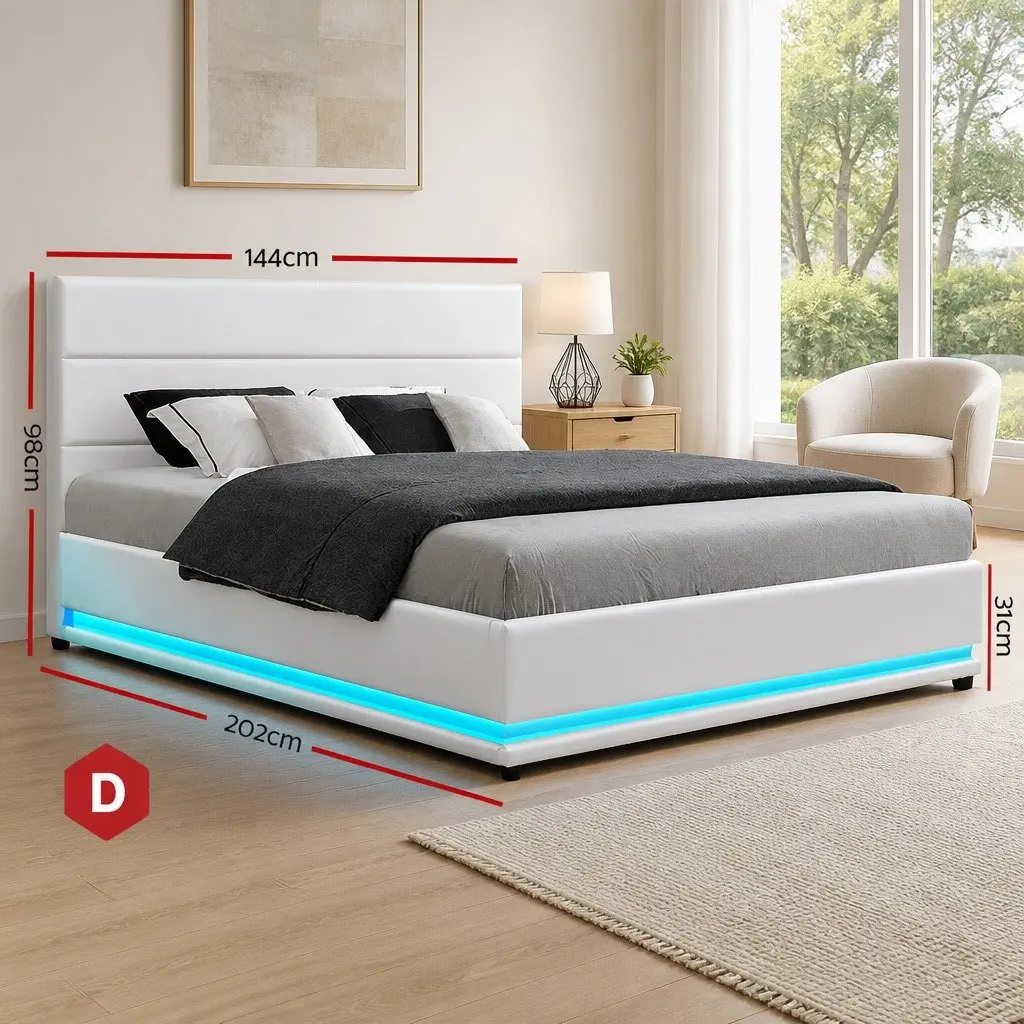 Double Bed Frame White Upholstered with Gas Lift Storage and LED Lighting