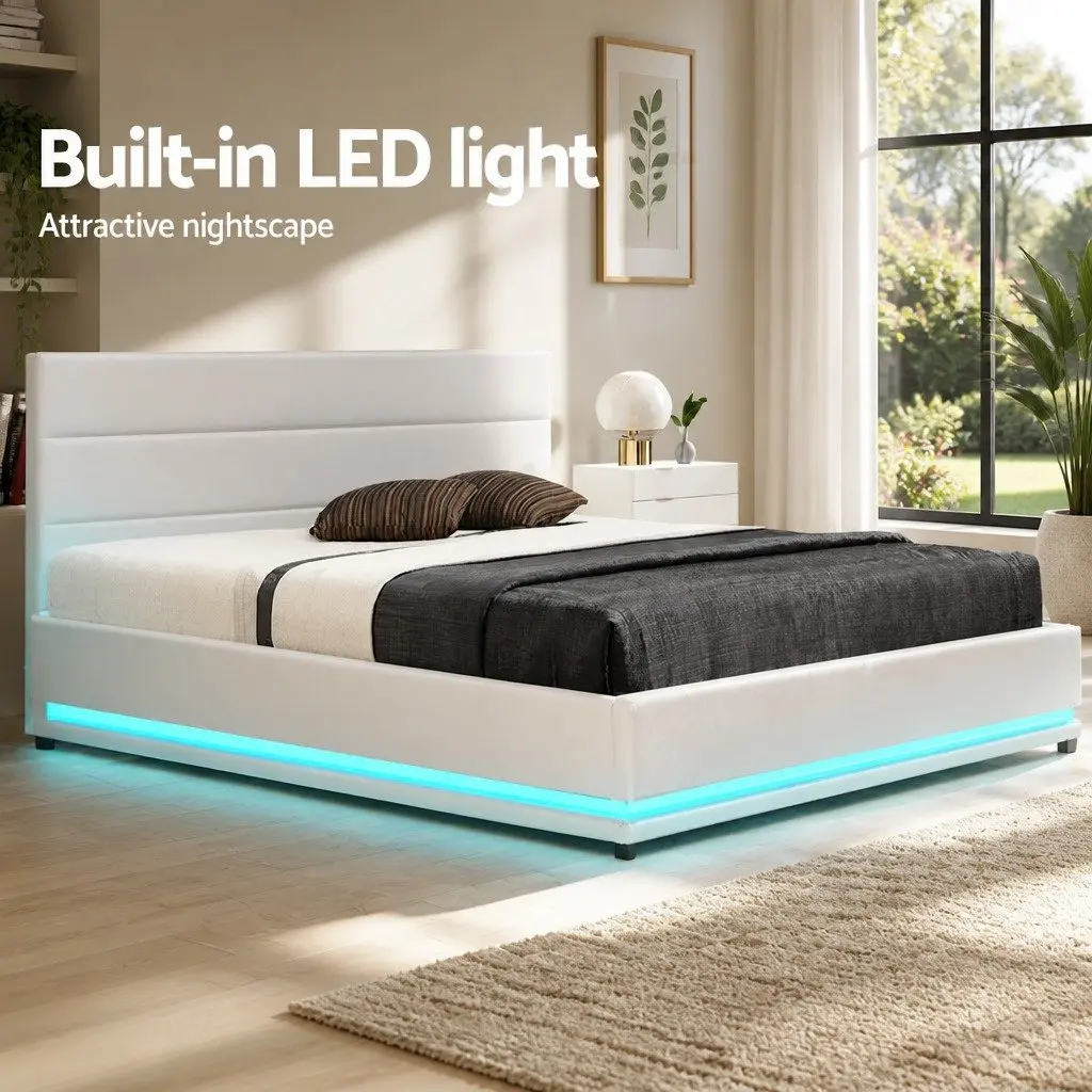 Double Bed Frame White Upholstered with Gas Lift Storage and LED Lighting