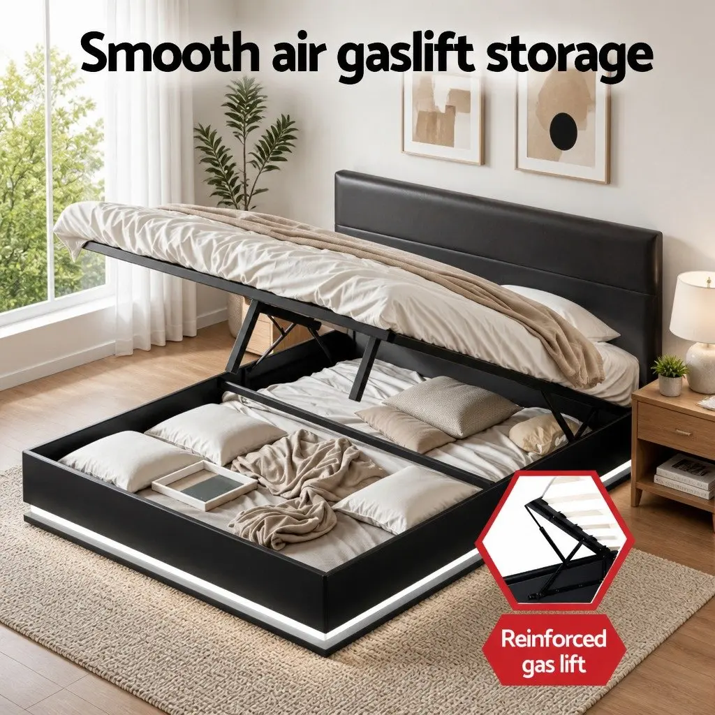 Queen Size Bed Frame with Gas Lift Storage LED Lights Black Upholstered