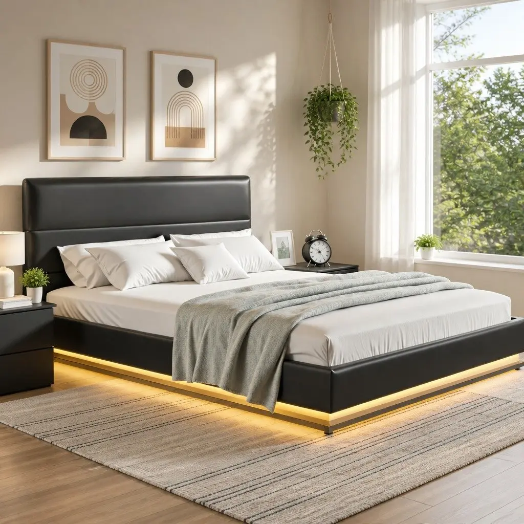Queen Size Bed Frame with Gas Lift Storage LED Lights Black Upholstered