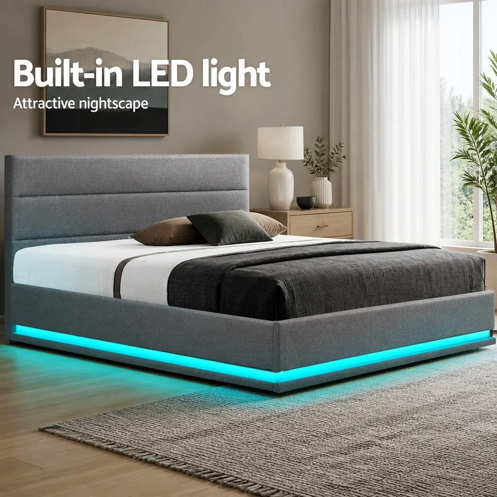 Gas Lift Bed Frame Queen Size with LED Light Storage Grey Upholstered Headboard