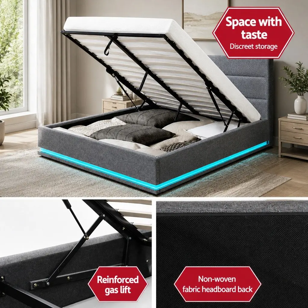 Gas Lift Bed Frame Queen Size with LED Light Storage Grey Upholstered Headboard