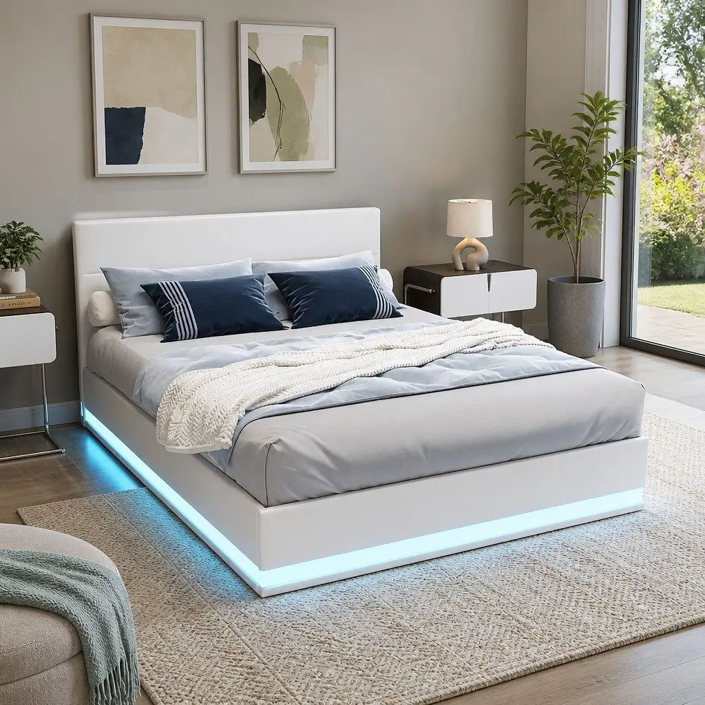 Queen Size Gas Lift Bed Frame with LED Lights White