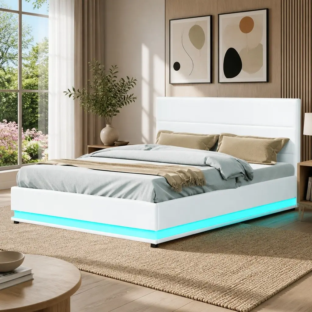 Queen Size Gas Lift Bed Frame with LED Lights White