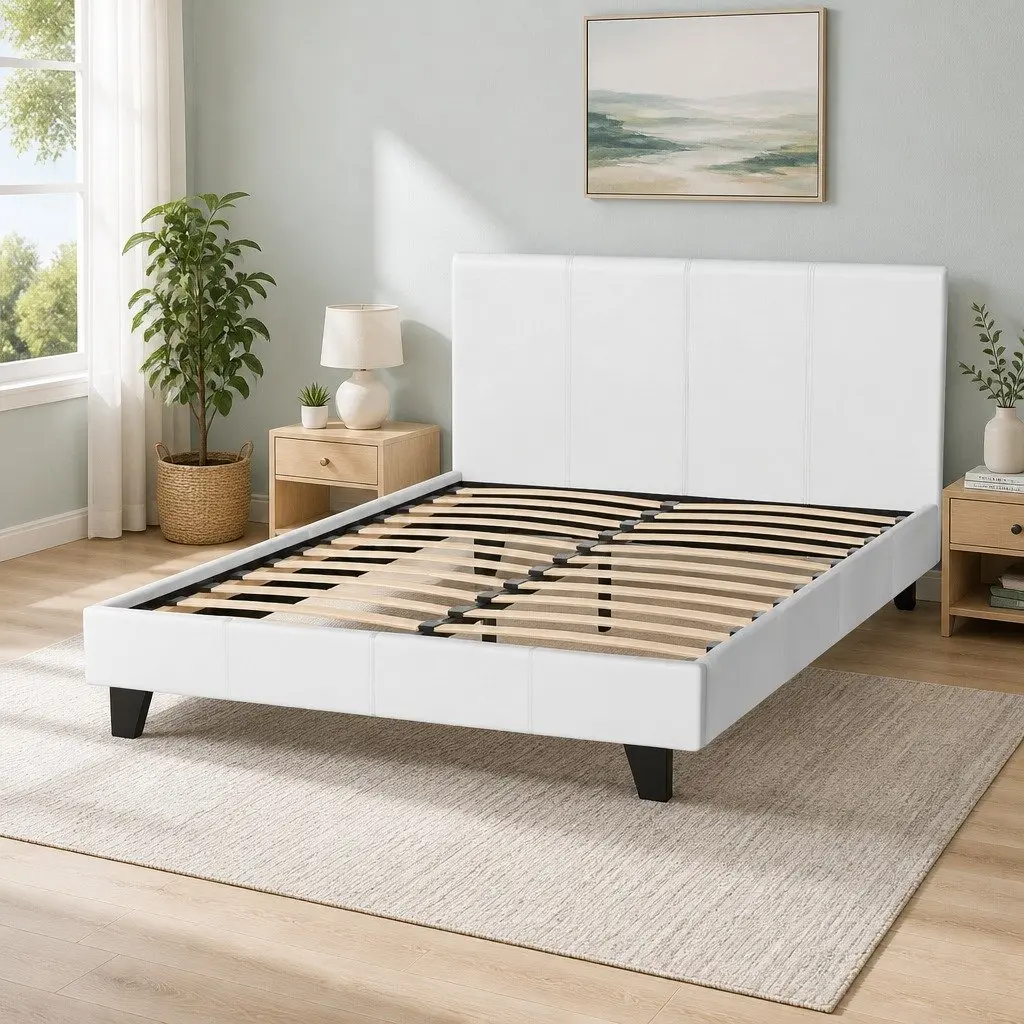 Double Bed Frame White Upholstered Padded Wooden Slat Base Heavy Duty