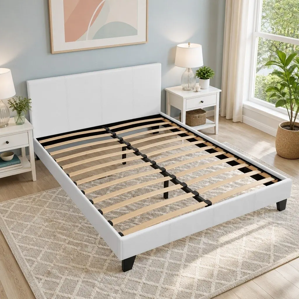 Double Bed Frame White Upholstered Padded Wooden Slat Base Heavy Duty