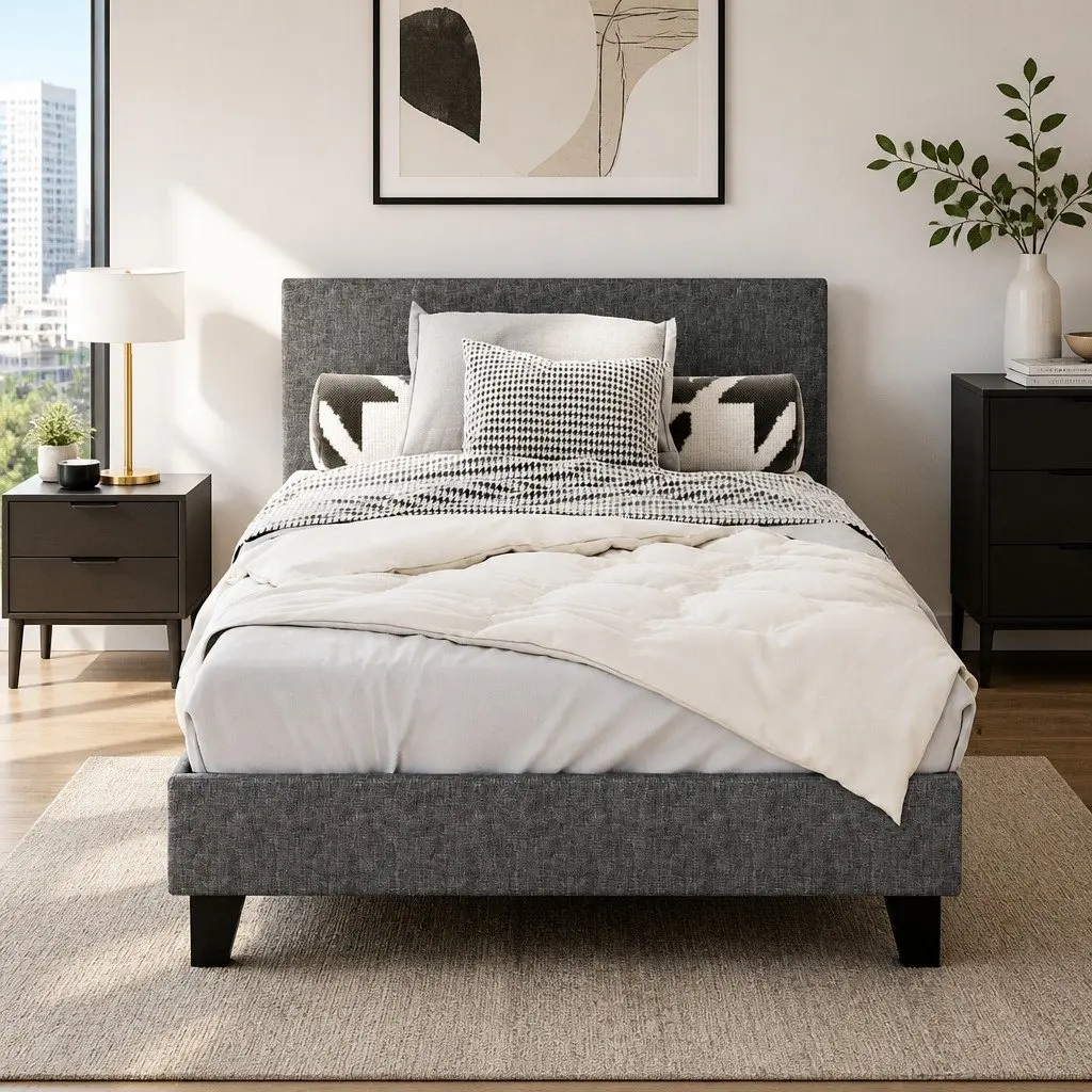 King Single Bed Frame Grey Upholstered Solid Wood Construction with Wooden Slat Base