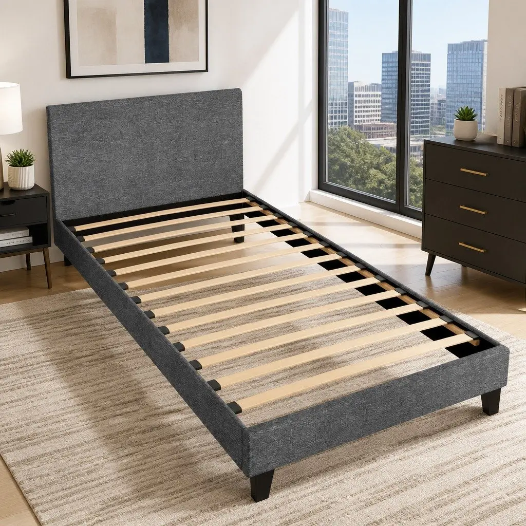 King Single Bed Frame Grey Upholstered Solid Wood Construction with Wooden Slat Base