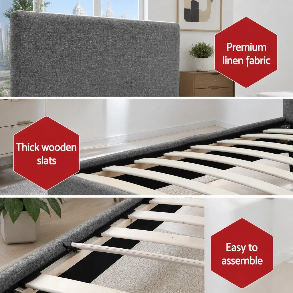 King Single Bed Frame Grey Upholstered Solid Wood Construction with Wooden Slat Base