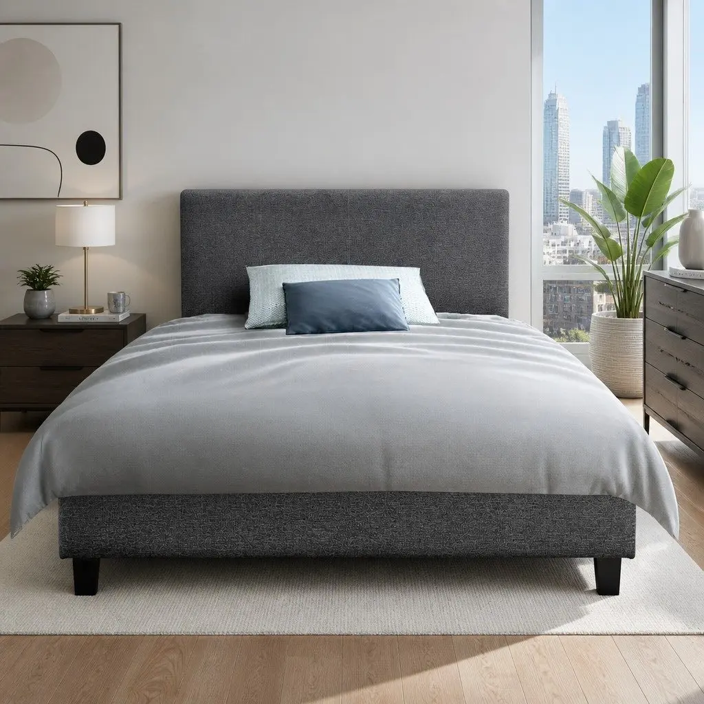 King Single Bed Frame Grey Upholstered Solid Wood Construction with Wooden Slat Base