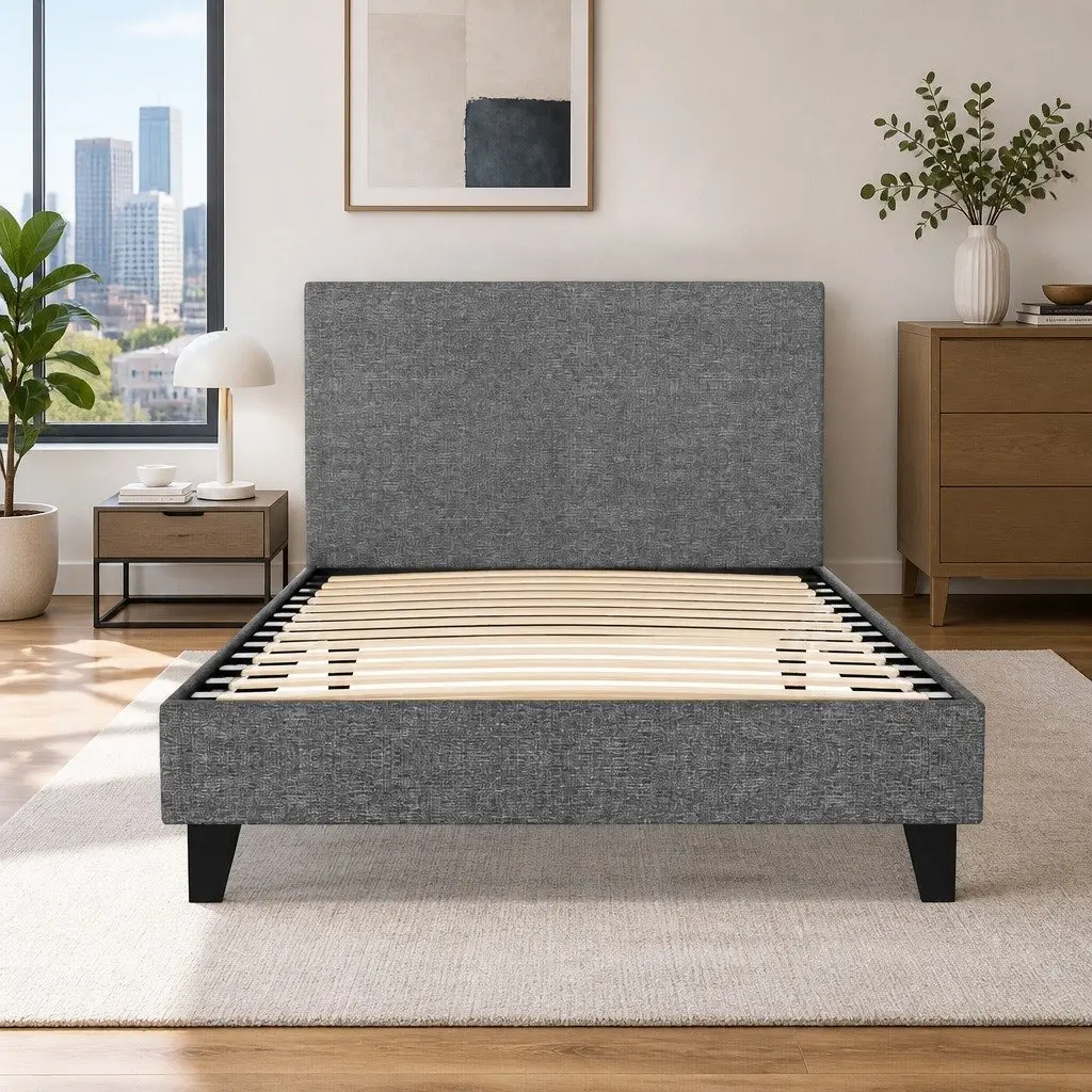King Single Bed Frame Grey Upholstered Solid Wood Construction with Wooden Slat Base