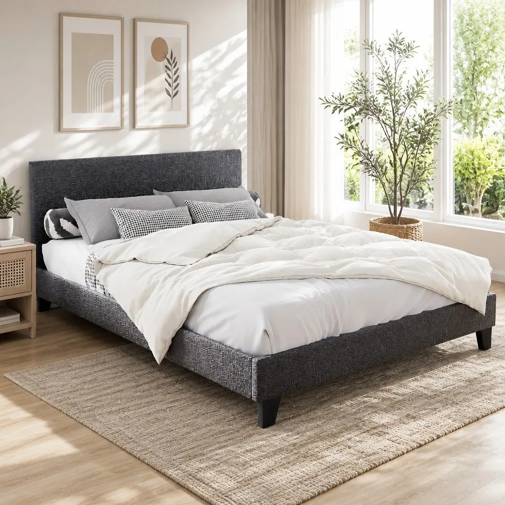 Queen Bed Frame Charcoal Upholstered Padded Wooden Slat Base Modern Bedroom