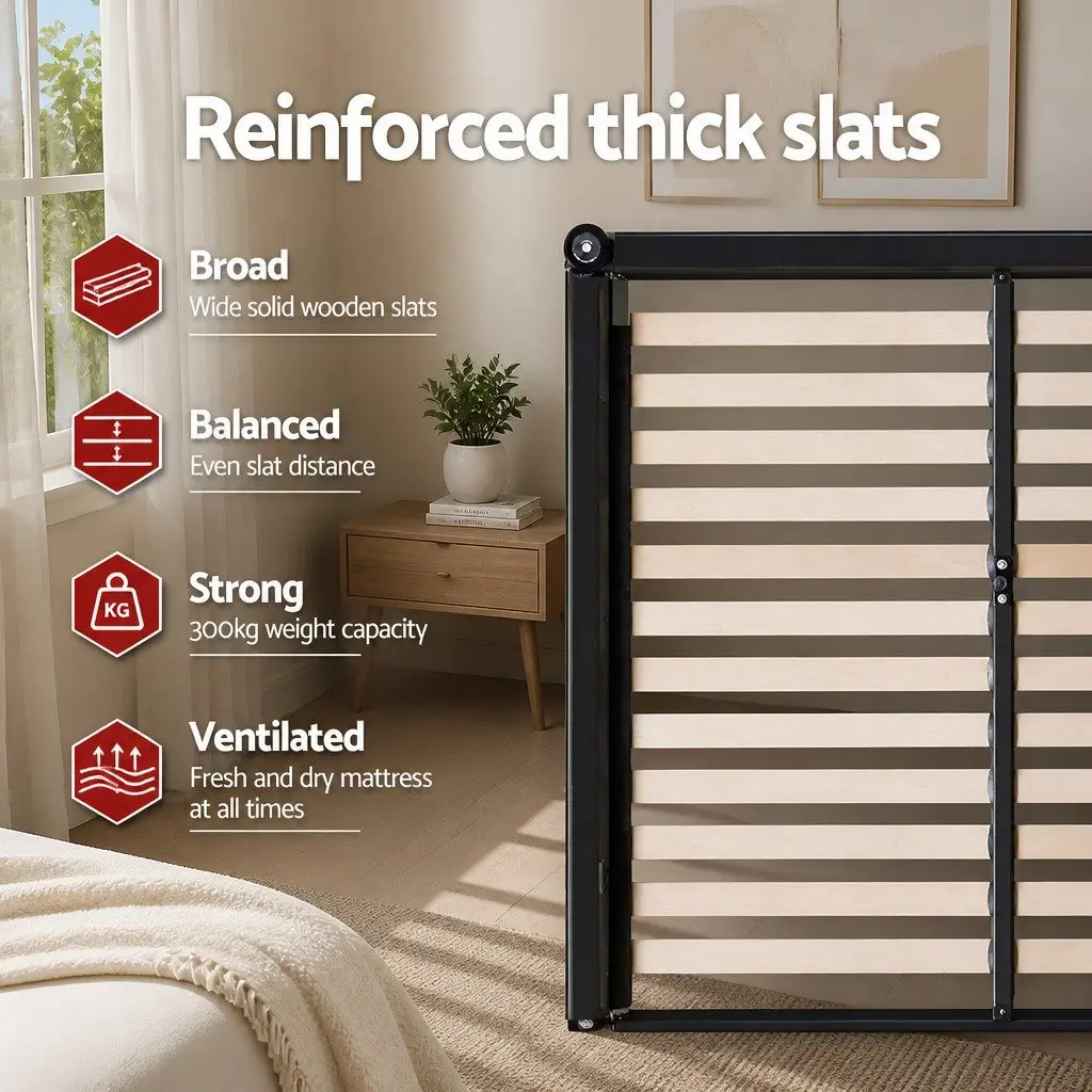 Queen Bed Frame Charcoal Upholstered Padded Wooden Slat Base Modern Bedroom