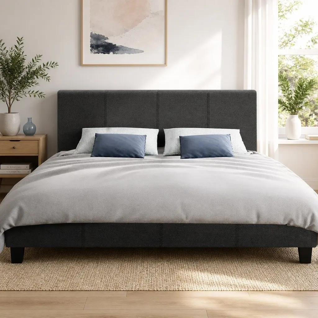 Queen Bed Frame Charcoal Upholstered Padded Wooden Slat Base Modern Bedroom