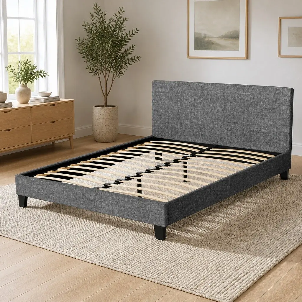 Queen Bed Frame Modern Grey Upholstered Padded Headboard Solid Wood Slat Base