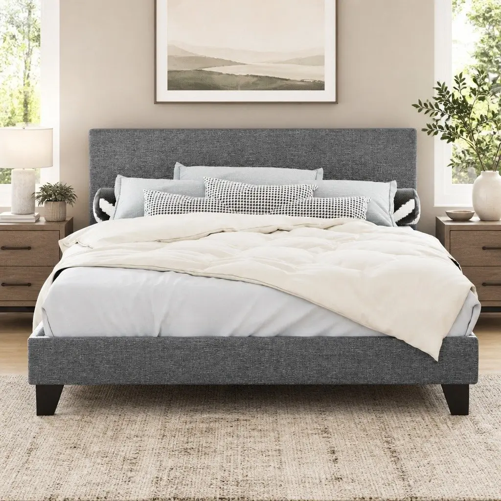 Queen Bed Frame Modern Grey Upholstered Padded Headboard Solid Wood Slat Base