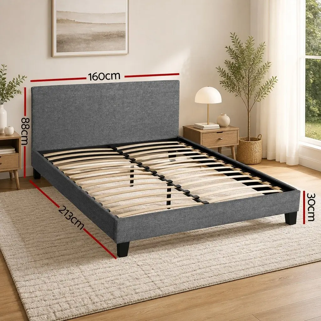 Queen Bed Frame Modern Grey Upholstered Padded Headboard Solid Wood Slat Base