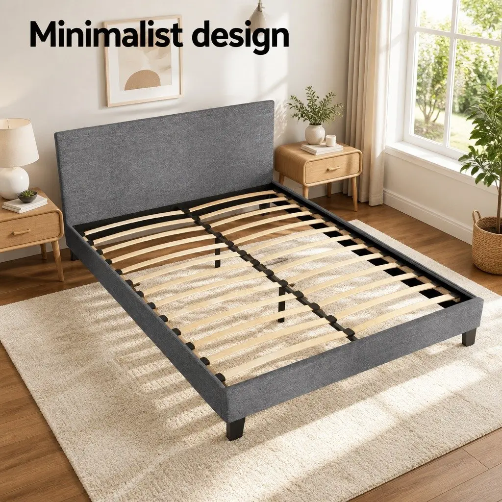 Queen Bed Frame Modern Grey Upholstered Padded Headboard Solid Wood Slat Base