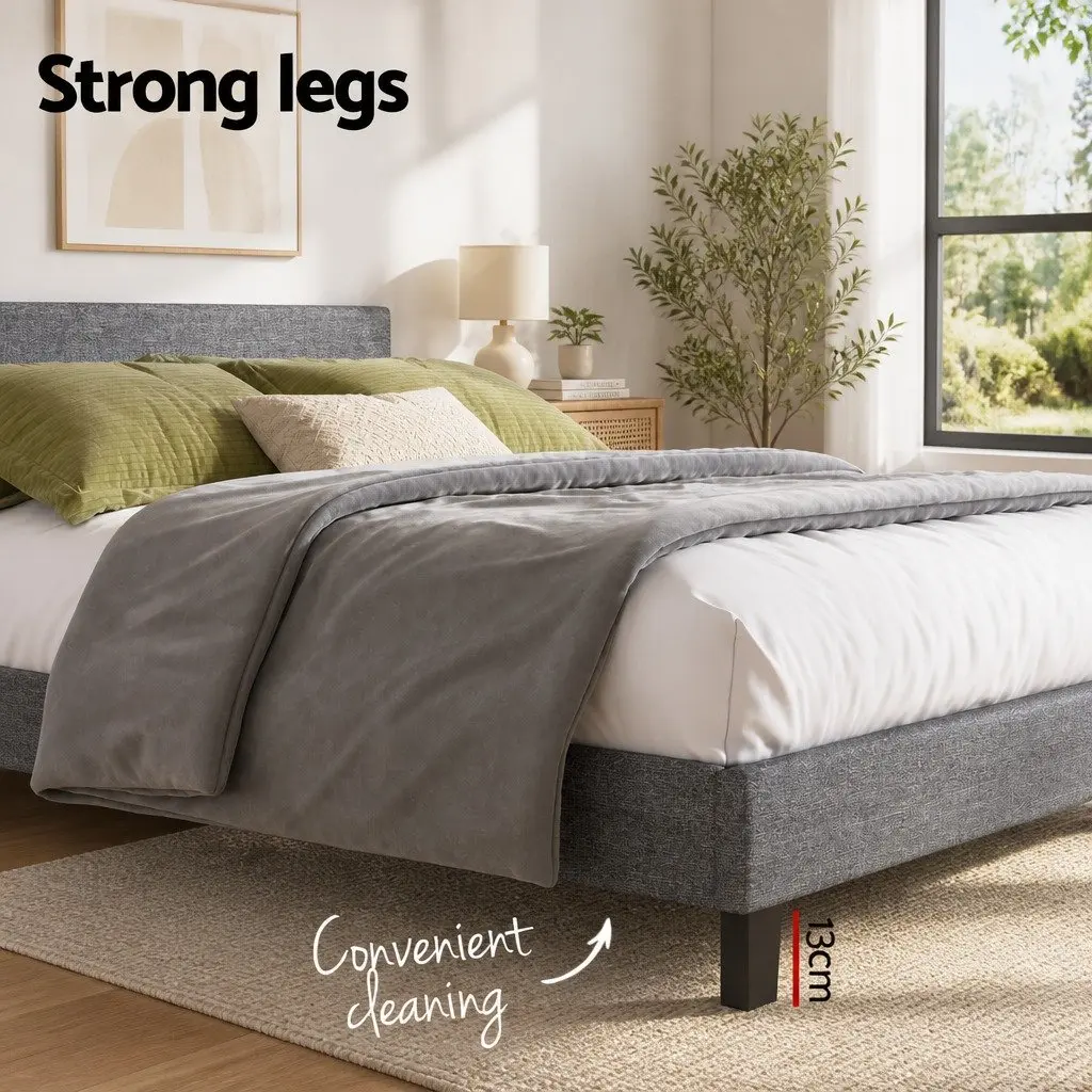Queen Bed Frame Modern Grey Upholstered Padded Headboard Solid Wood Slat Base