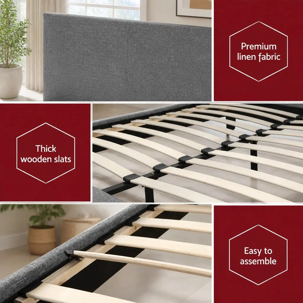 Queen Bed Frame Modern Grey Upholstered Padded Headboard Solid Wood Slat Base