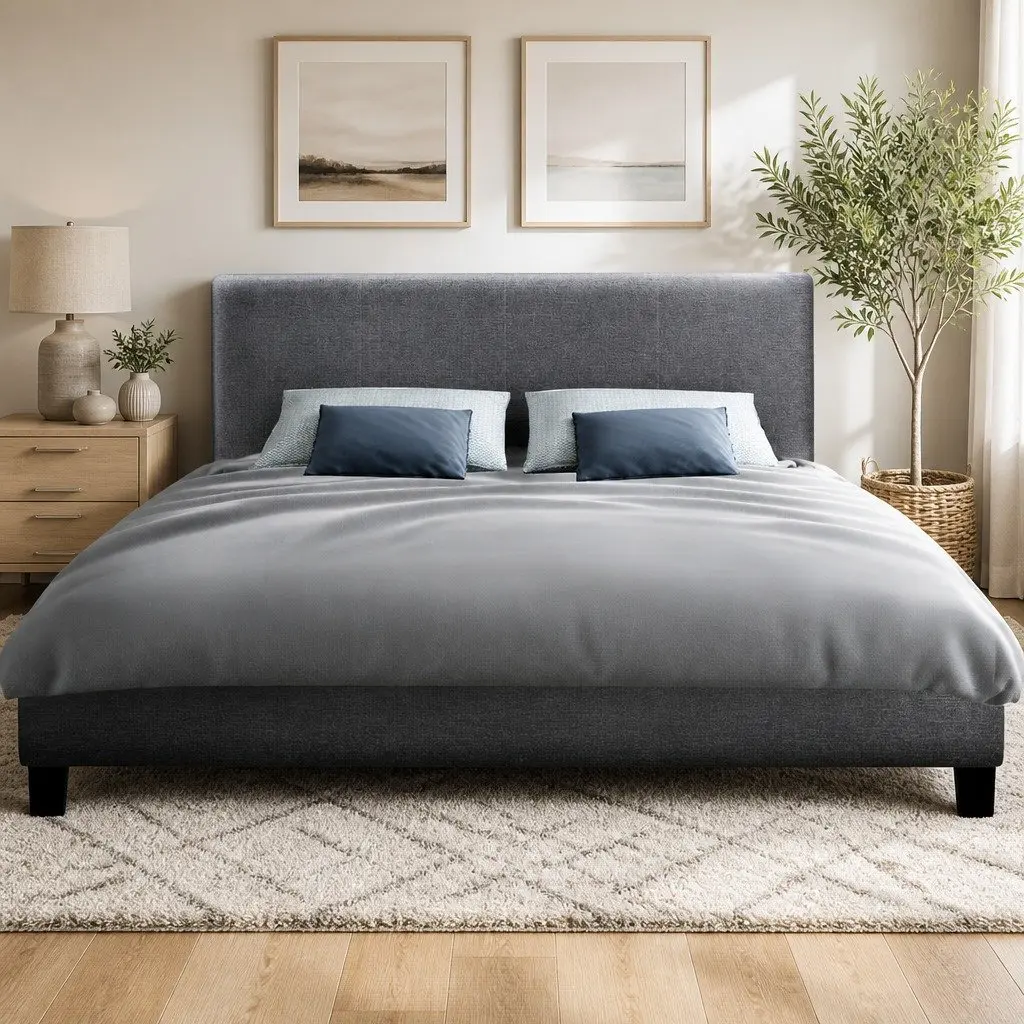 Queen Bed Frame Modern Grey Upholstered Padded Headboard Solid Wood Slat Base