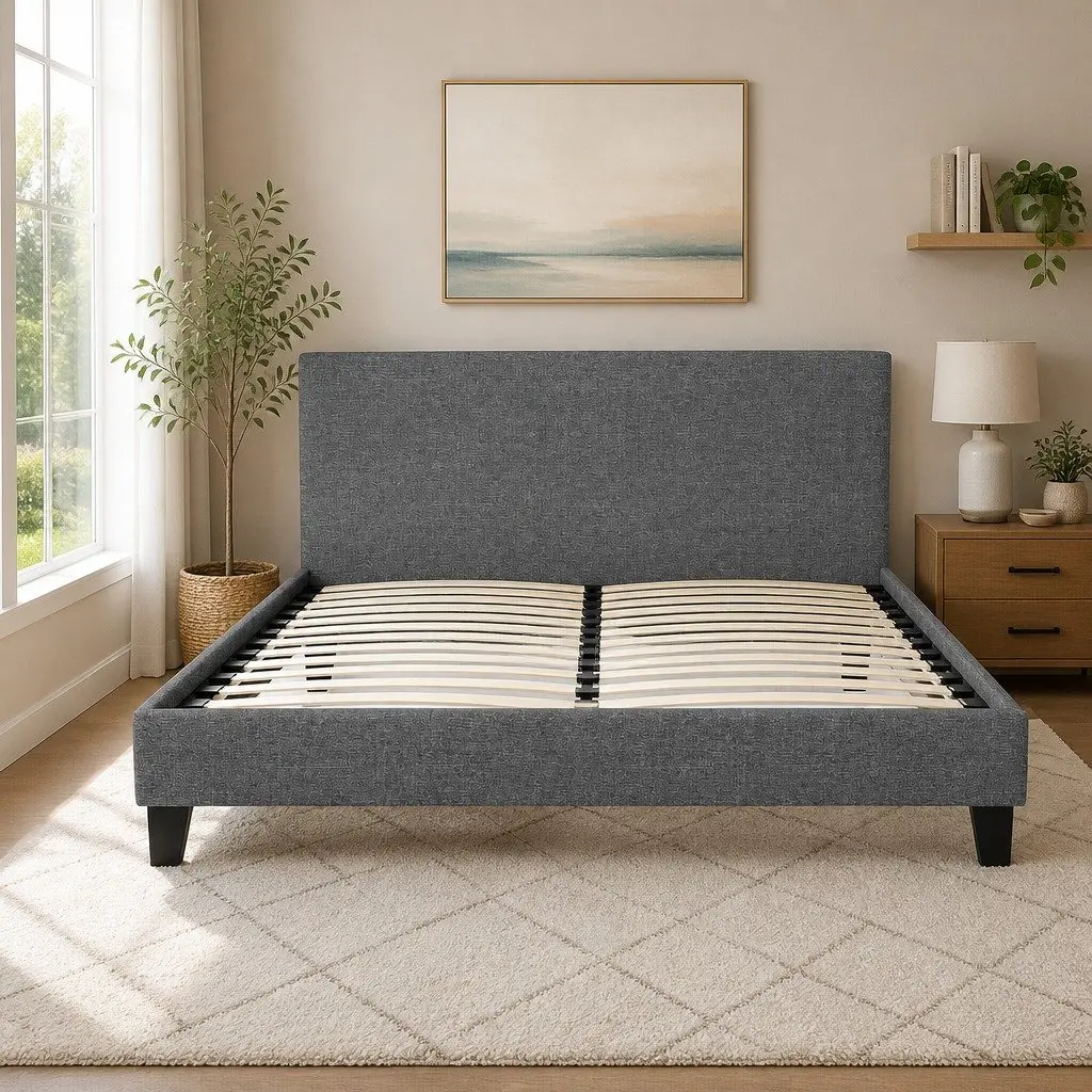 Queen Bed Frame Modern Grey Upholstered Padded Headboard Solid Wood Slat Base