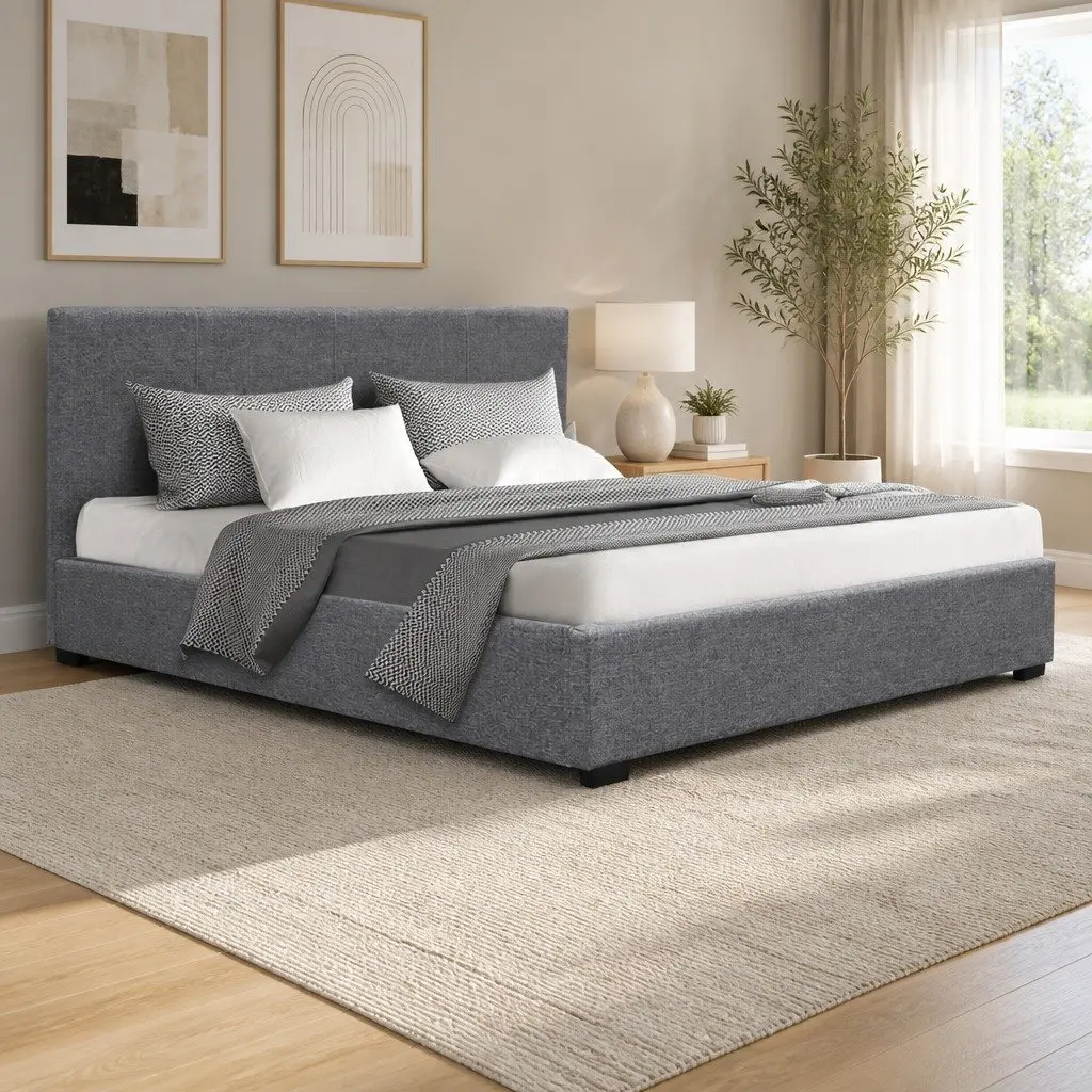 Double Bed Frame Gas Lift Storage Grey Upholstered Faux Linen Bedroom Furniture
