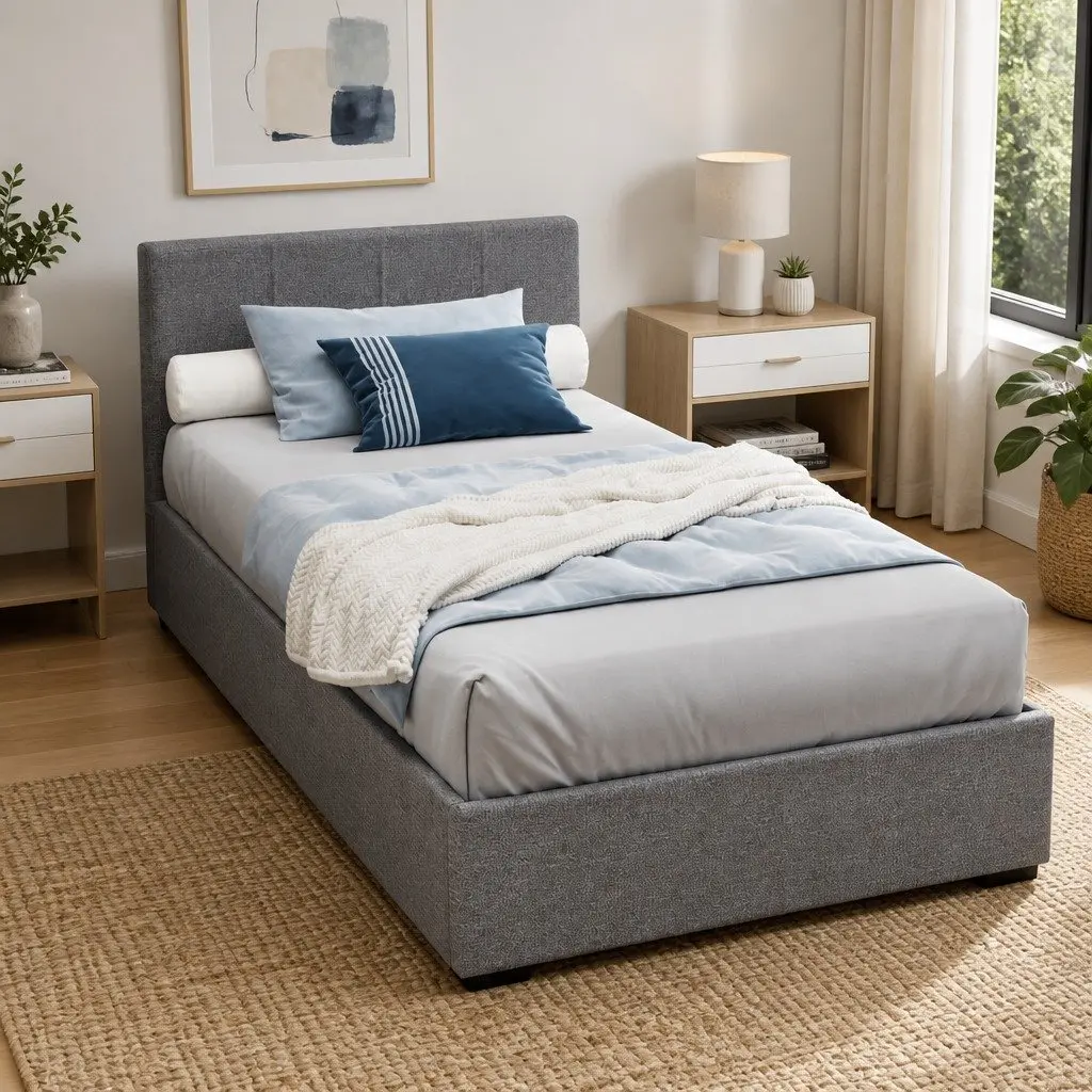 King Single Bed Frame Gas Lift Storage Grey Upholstered Padded Headboard