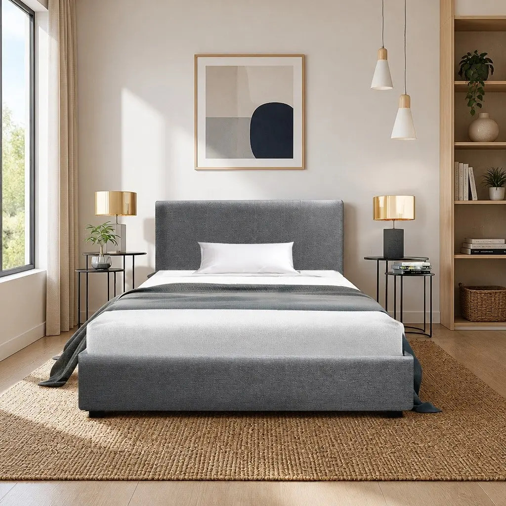 King Single Bed Frame Gas Lift Storage Grey Upholstered Padded Headboard