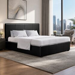 Queen Size Gas Lift Storage Bed Frame Black Upholstered Headboard Modern Bedroom