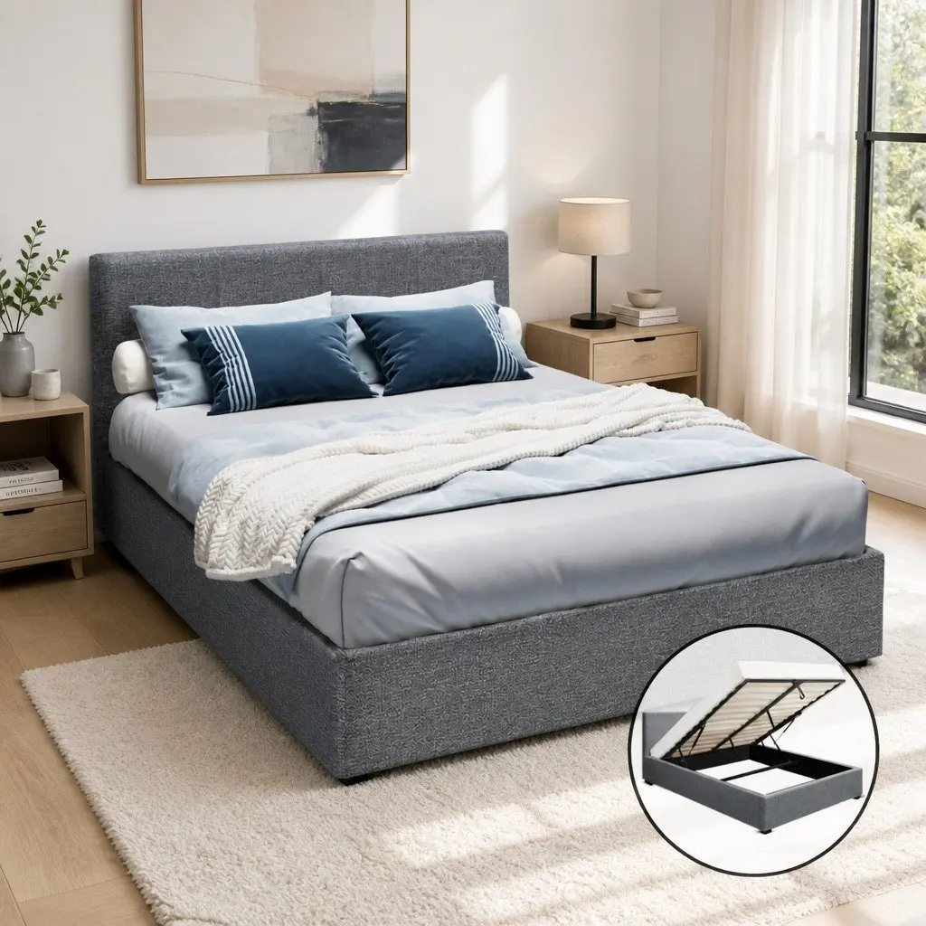 Grey Queen Gas Lift Bed Frame