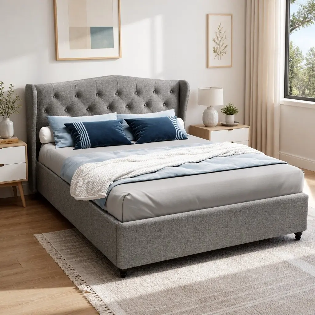 Double Bed Frame with Padded Headboard Grey Steel Frame Wooden Slat Base 190x137cm