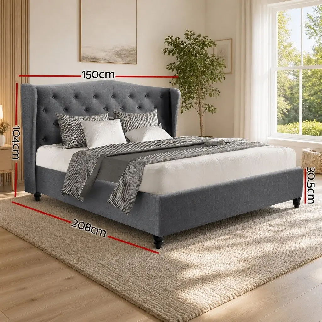 Double Bed Frame with Padded Headboard Grey Steel Frame Wooden Slat Base 190x137cm