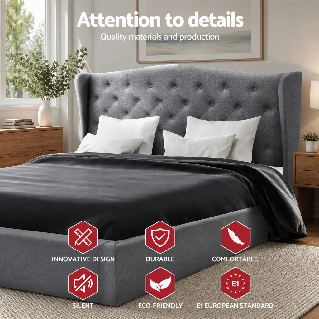 Double Bed Frame with Padded Headboard Grey Steel Frame Wooden Slat Base 190x137cm
