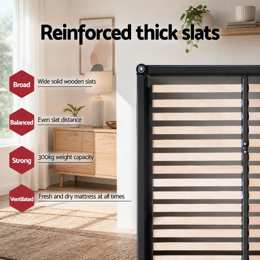 Double Bed Frame with Padded Headboard Grey Steel Frame Wooden Slat Base 190x137cm