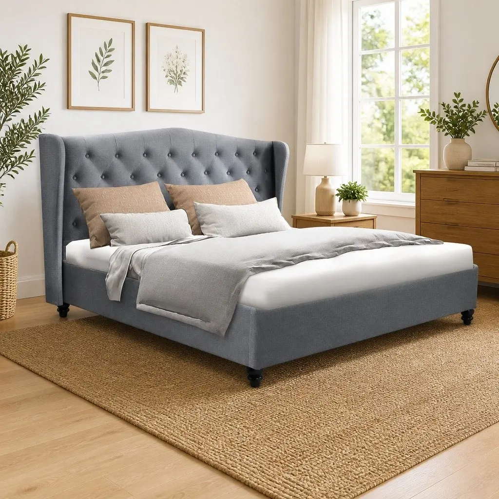 Double Bed Frame with Padded Headboard Grey Steel Frame Wooden Slat Base 190x137cm