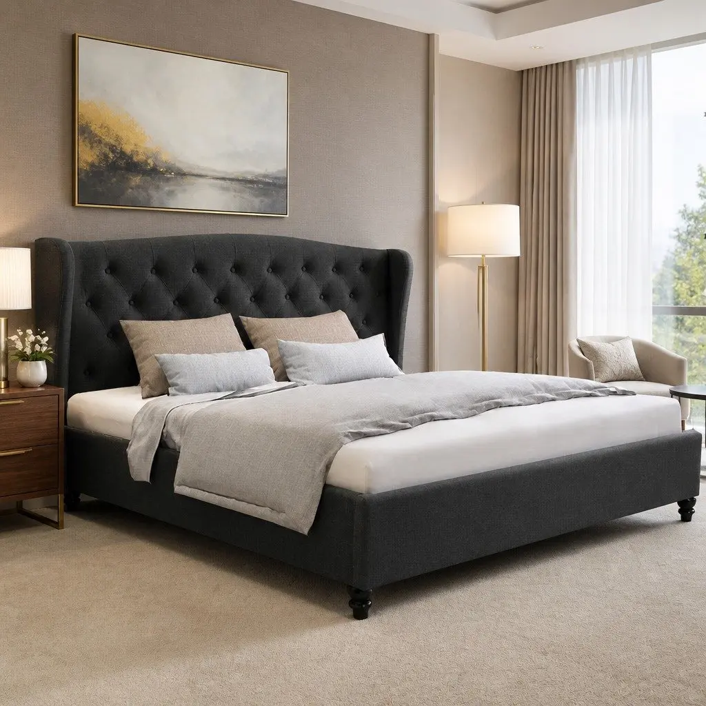 Charcoal Upholstered Wing Headboard King Size Bed Frame Sturdy Steel Structure