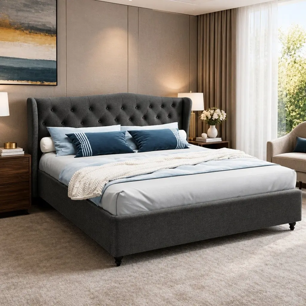 Charcoal Upholstered Wing Headboard King Size Bed Frame Sturdy Steel Structure