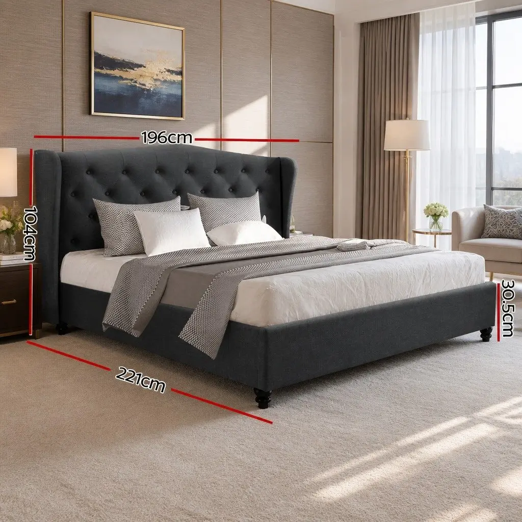 Charcoal Upholstered Wing Headboard King Size Bed Frame Sturdy Steel Structure