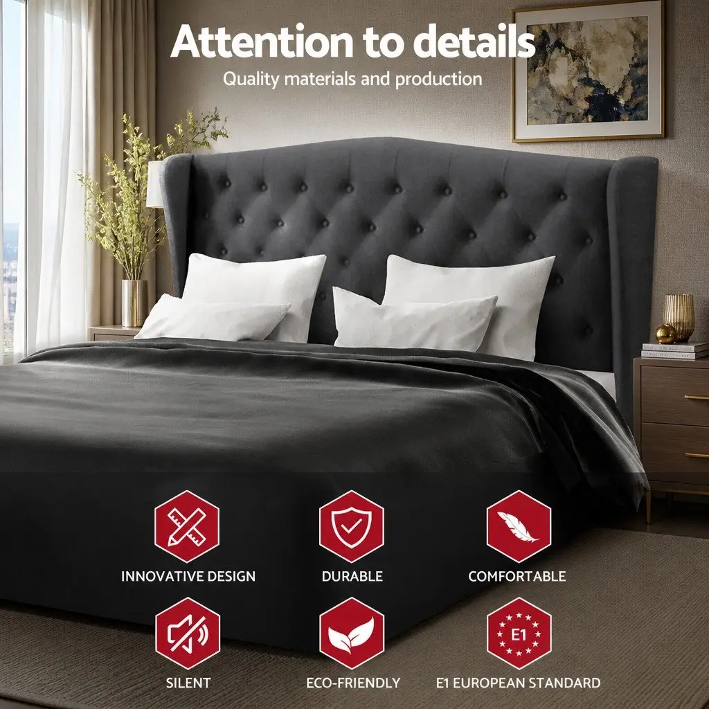 Charcoal Upholstered Wing Headboard King Size Bed Frame Sturdy Steel Structure