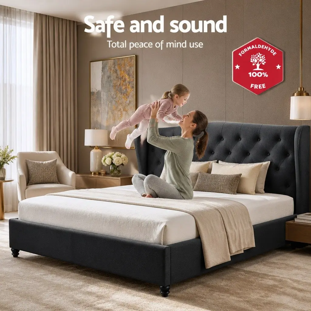Charcoal Upholstered Wing Headboard King Size Bed Frame Sturdy Steel Structure