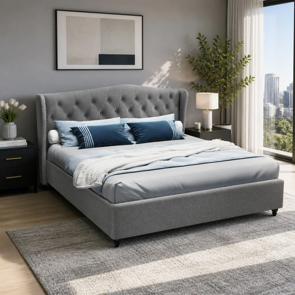 King Size Bed Frame Grey Tufted Upholstered Headboard Wooden Slat Base Steel Construction