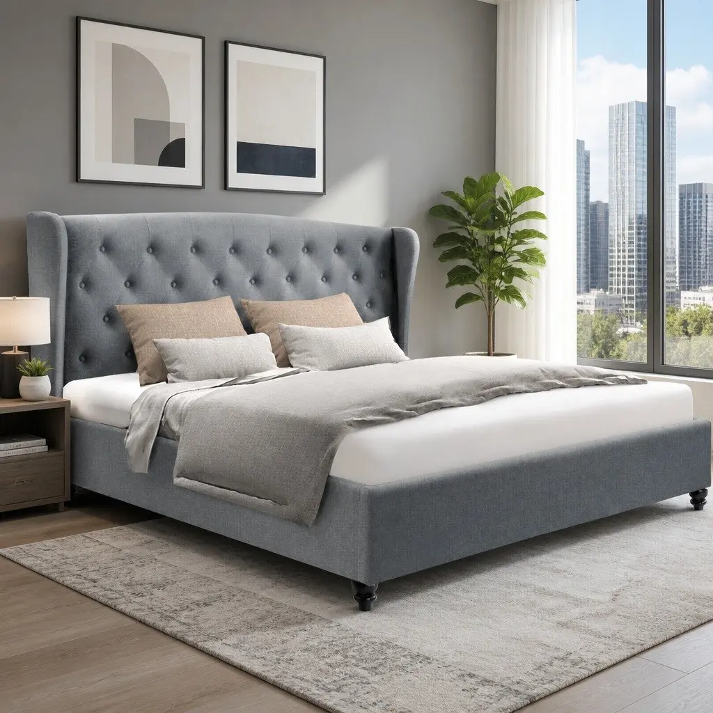 King Size Bed Frame Grey Tufted Upholstered Headboard Wooden Slat Base Steel Construction