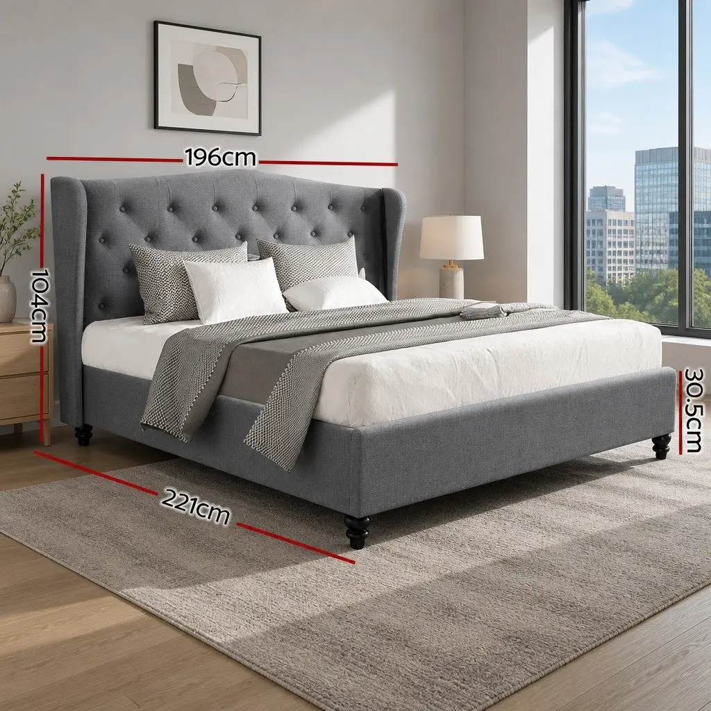 King Size Bed Frame Grey Tufted Upholstered Headboard Wooden Slat Base Steel Construction