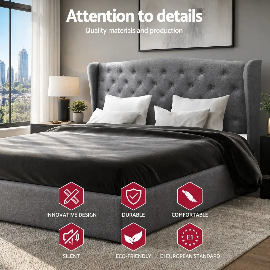 King Size Bed Frame Grey Tufted Upholstered Headboard Wooden Slat Base Steel Construction