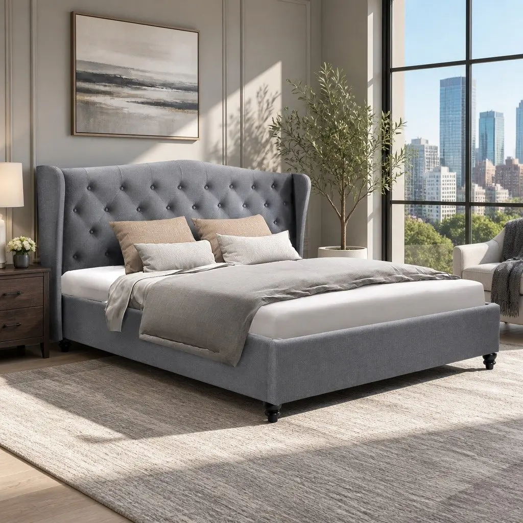 King Size Bed Frame Grey Tufted Upholstered Headboard Wooden Slat Base Steel Construction