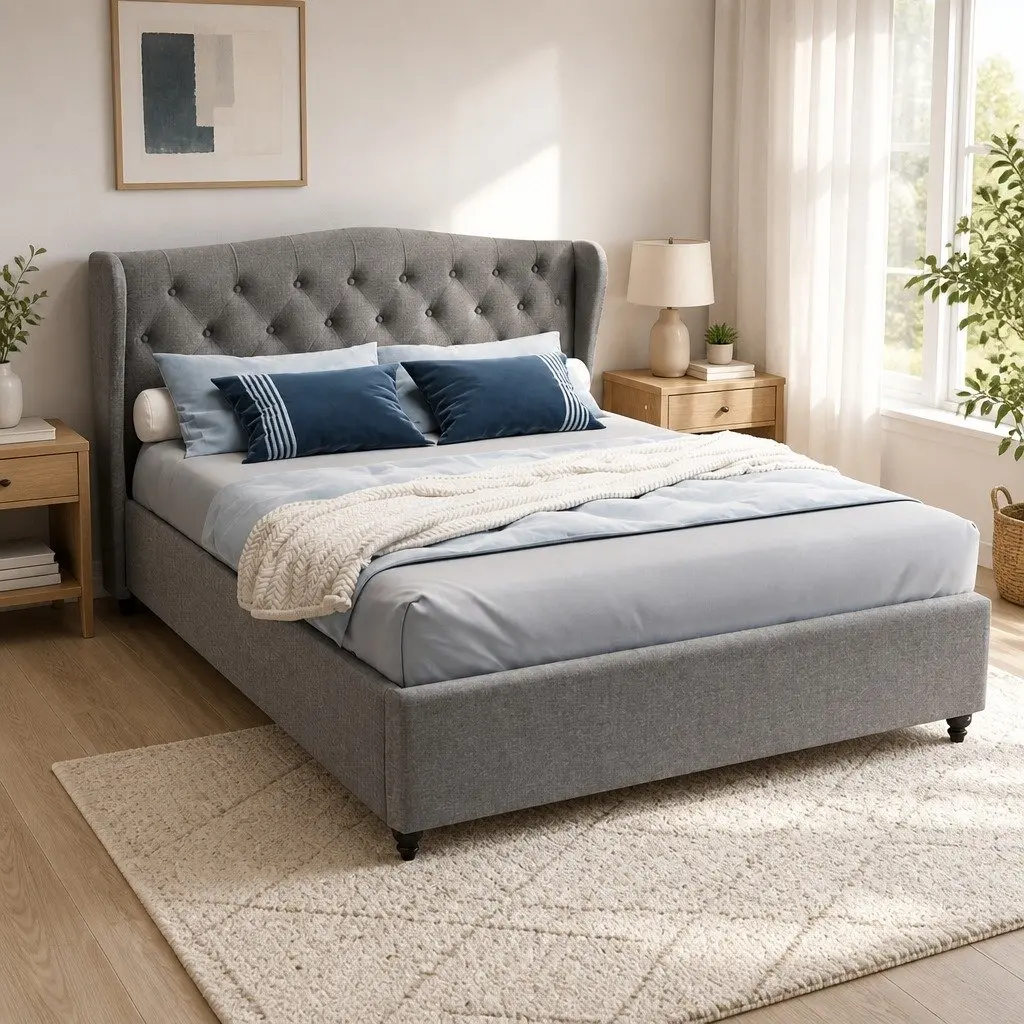 Grey Upholstered Queen Bed Frame